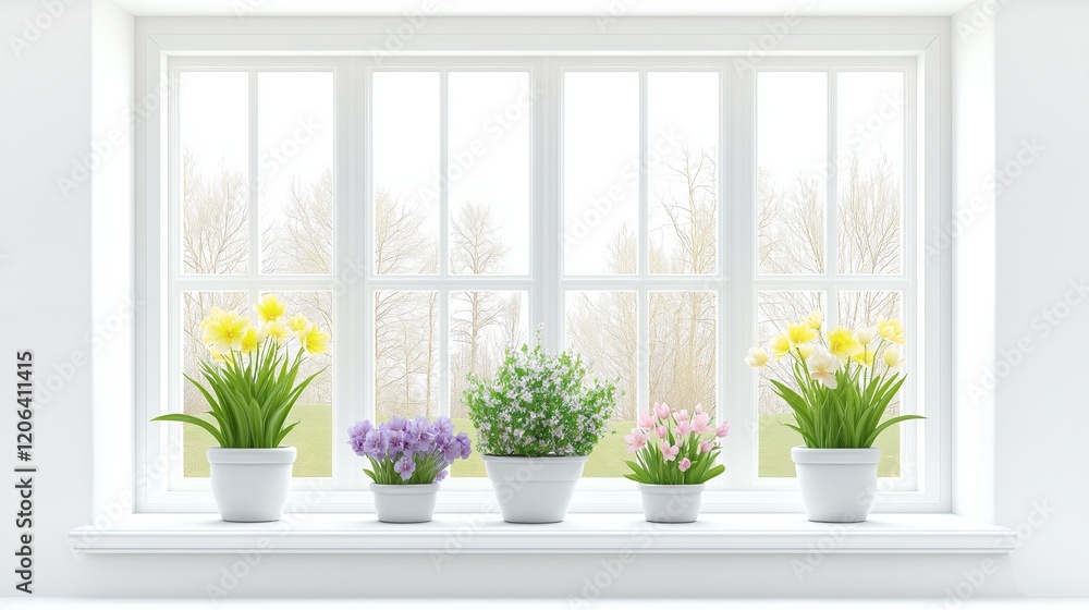 sparkling window with flowerpots and green plants on the sill. Fresh and clean home concept. sparkling window with flowerpots and green plants on the sill. Fresh and clean home concept.