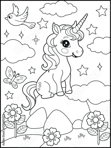 Illustration of a cute baby unicorn cartoon character. Black and white Printable Unicorn coloring page for kids.