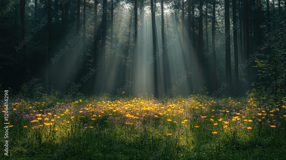 Fototapeta premium Sunbeams illuminate forest meadow wildflowers