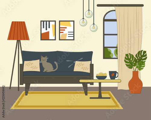 Interior of a modern living room with furniture. Sofa with a coffee table, floor lamp and paintings. Window with a curtain. Flowers in pots. Kitten on the sofa. Vector illustration