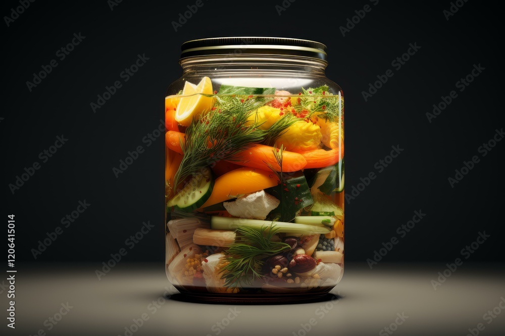 Colorful vegetables and spices layered in a large glass jar, ready for pickling, preserving the flavors of summer Colorful vegetables and spices layered in a large glass jar, ready for pickling, preserving the flavors of summer