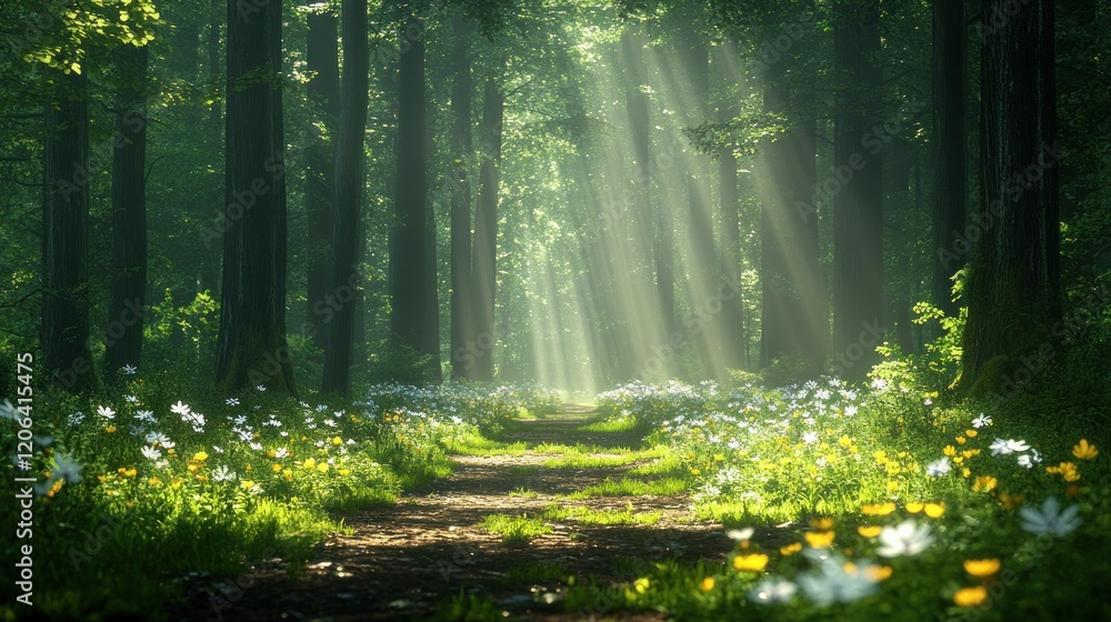 Obraz premium Sunbeams Illuminate Forest Path