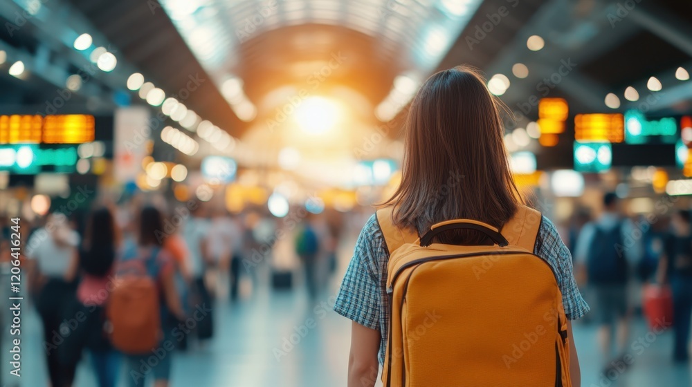 Traveling woman navigating a busy airport terminal with anticipation Traveling woman navigating a busy airport terminal with anticipation