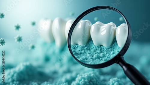Magnified view of teeth and surrounding teal substance, possibly representing dental health or oral hygiene.