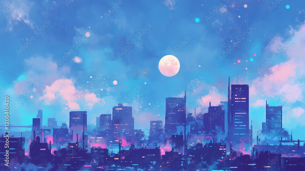 Obraz premium 星空に包まれた都会の風景｜幻想的な夜景イラスト。優しい水彩画タッチの美しいアート。