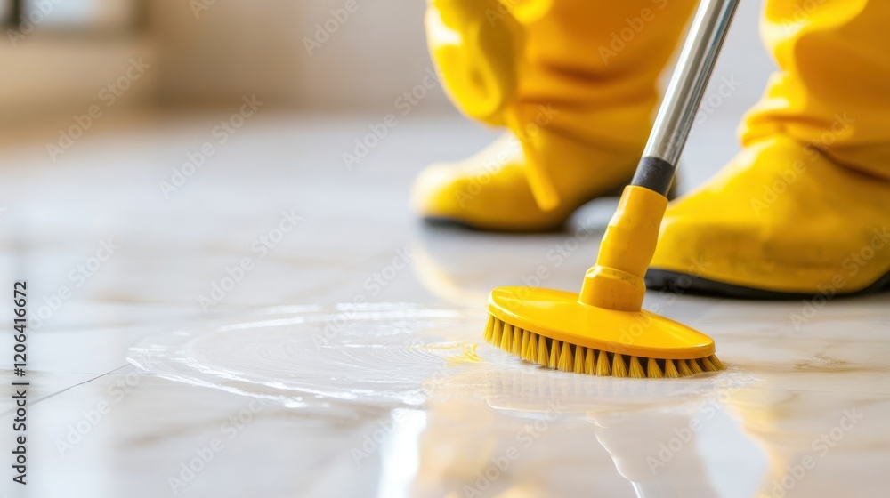 Cleaner meticulously scrubbing floors in bright yellow rain gear Cleaner meticulously scrubbing floors in bright yellow rain gear