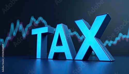 Glowing blue 'TAX' letters against a dark background with a blurred financial graph.  Represents tax rates, financial markets, or economic trends.