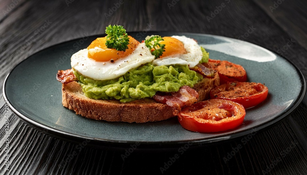 classic eggs and bacon dish with tomato slices and avocado spread classic eggs and bacon dish with tomato slices and avocado spread