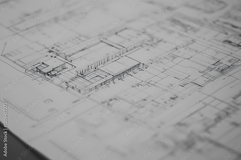 A close-up view of technical drawings with a focus on a specific section, possibly highlighting design details or project plans. The image features a monochromatic color scheme, with the drawings them A close-up view of technical drawings with a focus on a specific section, possibly highlighting design details or project plans. The image features a monochromatic color scheme, with the drawings them