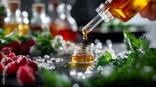 Pouring essential oil into glass bottles surrounded by plants and herbs photo