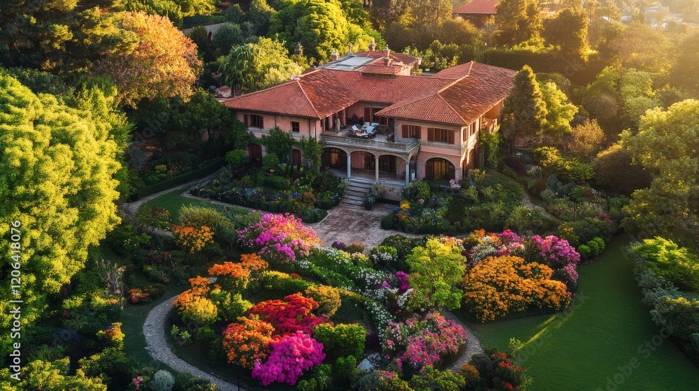 Luxurious Villa with Breathtaking Garden at Golden Hour Luxurious Villa with Breathtaking Garden at Golden Hour