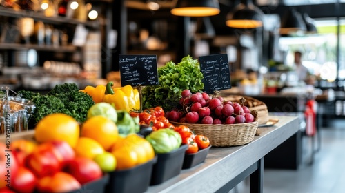 Fresh and Vibrant Display of Colorful Fruits and Vegetables in a Modern Market Setting