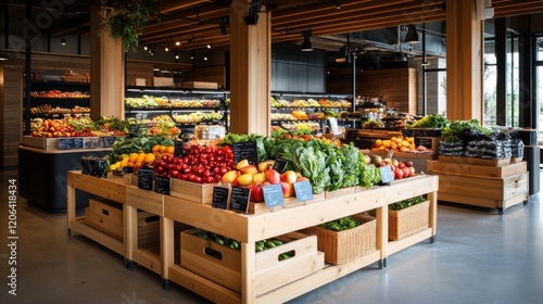 Fresh Display of Colorful Fruits and Vegetables in Organic Grocery Store Interior with Modern Design