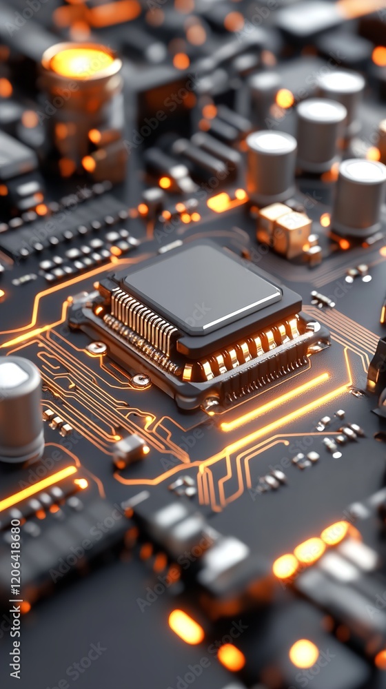 A close-up of a microprocessor situated on a circuit board, with intricate pathways and electronic components glowing with orange illumination, showcasing technological design A close-up of a microprocessor situated on a circuit board, with intricate pathways and electronic components glowing with orange illumination, showcasing technological design