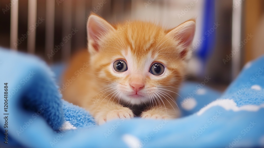 A cute kitten with orange and white fur lying on a blue blanket in a cage, looking directly at the camera with a curious expression A cute kitten with orange and white fur lying on a blue blanket in a cage, looking directly at the camera with a curious expression