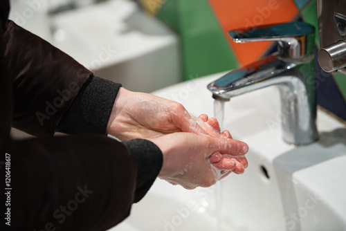 Hands covered with soap are being washed under flowing water at a public sink, highlighting the importance of cleanliness and promoting hygiene practices among users