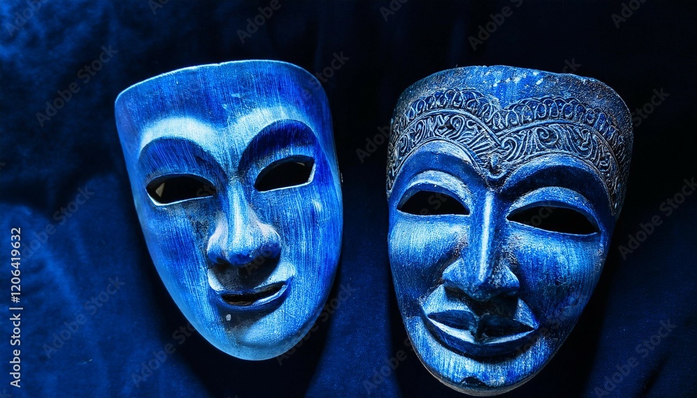 two ancient masks reveal unique textures and details reflecting the artistry of a bygone era their blue hues suggest a connection to history culture and identity exploration two ancient masks reveal unique textures and details reflecting the artistry of a bygone era their blue hues suggest a connection to history culture and identity exploration