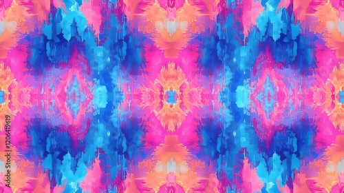 Abstract ikat pattern with modern holographic accents, neon tones of blue and pink, glowing effect, futuristic aesthetic, digital illustration photo