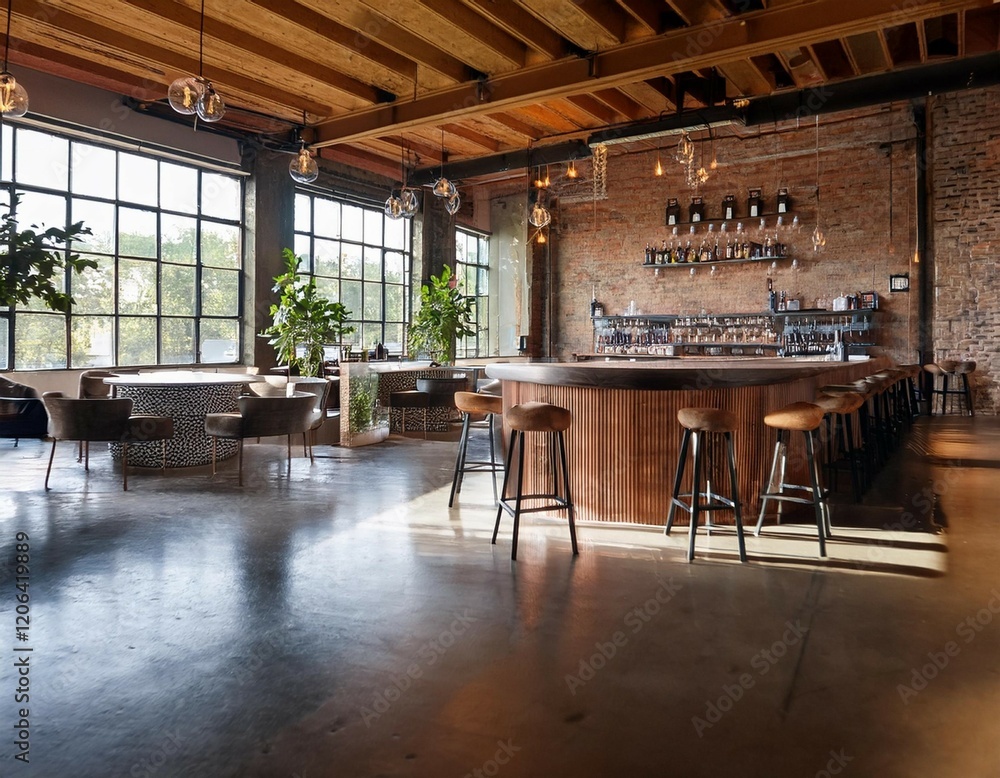 Fototapeta premium open industrial space highlights high ceilings and large windows creating a bright atmosphere wooden bar and tables enhance the contemporary yet rustic feel of the venue