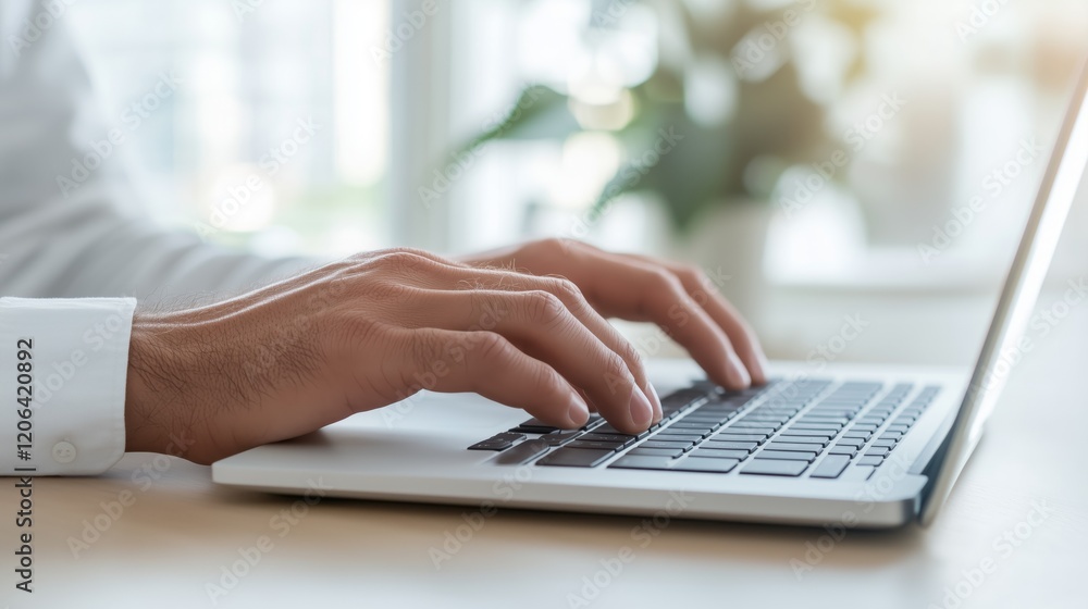 Close-up of caucasian male hands typing on laptop in sunlit office environment Close-up of caucasian male hands typing on laptop in sunlit office environment