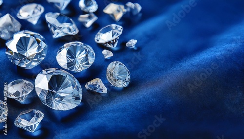 variety of ethical lab grown diamonds in different cuts and sizes arranged on a sleek modern surface of blue velvet showcasing their versatility minimal royal blue background with copy space