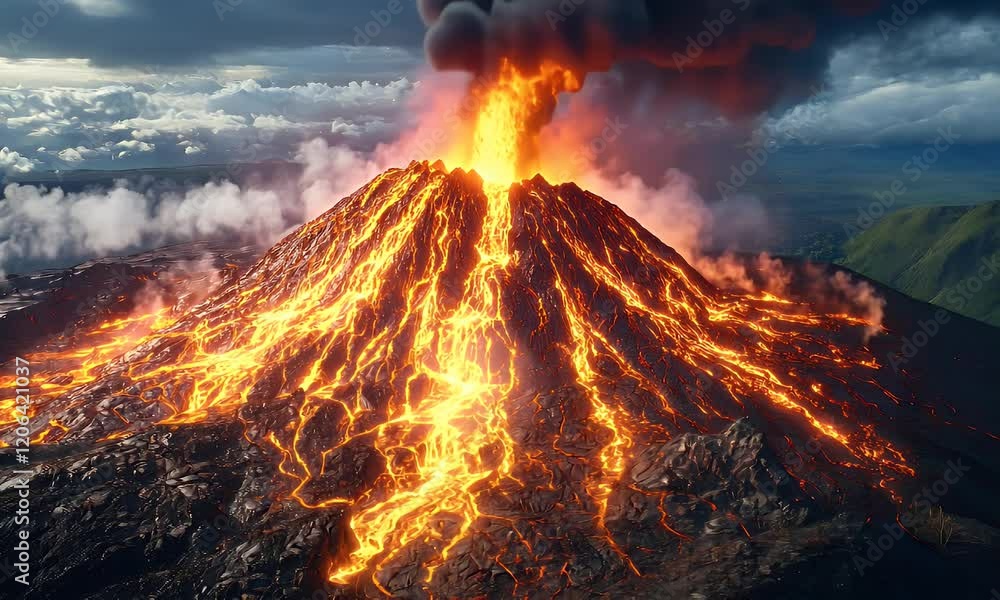 A dramatic volcanic eruption with flowing lava and smoke against a cloudy sky. A dramatic volcanic eruption with flowing lava and smoke against a cloudy sky.