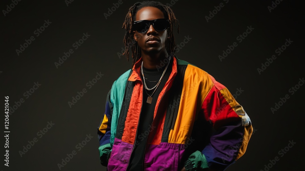 Confident african male in colorful jacket and sunglasses posing with attitude Confident african male in colorful jacket and sunglasses posing with attitude