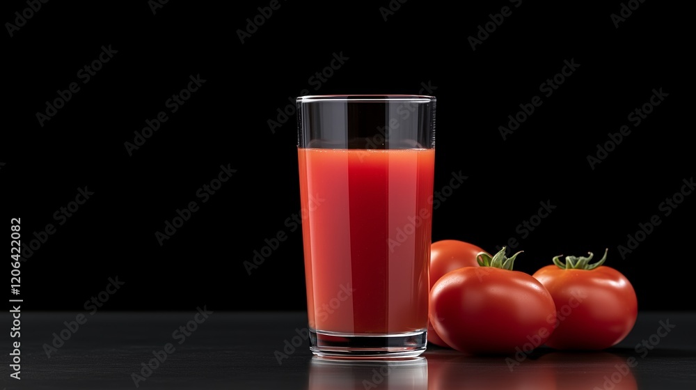 Glass of fresh tomato juice with whole tomatoes on dark background Glass of fresh tomato juice with whole tomatoes on dark background