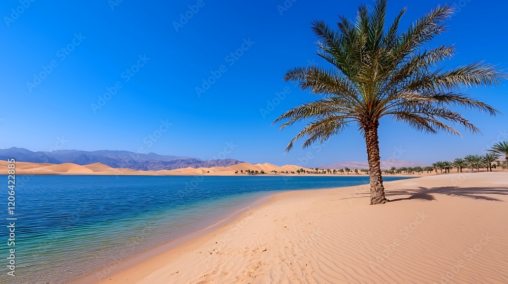 Serene desert oasis palm tree on sandy beach by tranquil blue water, mountains in background. Serene desert oasis palm tree on sandy beach by tranquil blue water, mountains in background.