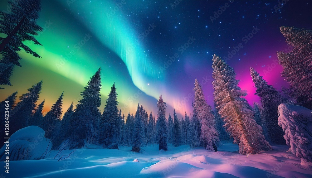 Fototapeta premium northern lights illuminating a snowy forest scene with tall pine trees under a vibrant night sky