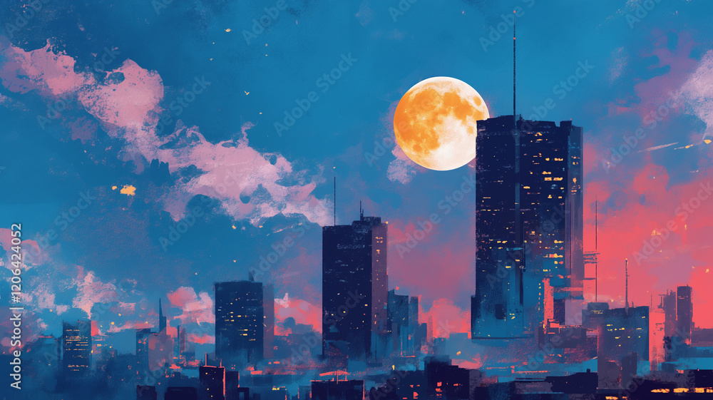 Obraz premium 夜明け前の都会と輝く星空|ロマンチックな風景。優しい水彩画タッチの美しいアート。