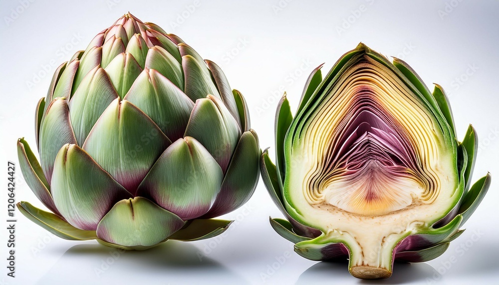 an artichoke and half of it isolated against a white background showcasing its unique texture and shape an artichoke and half of it isolated against a white background showcasing its unique texture and shape