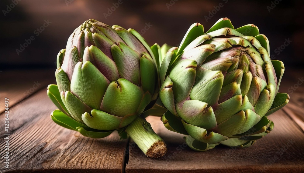 closeup of fresh artichokes on wooden table closeup of fresh artichokes on wooden table