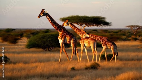 A family of giraffe walk in the Tsavo reserve