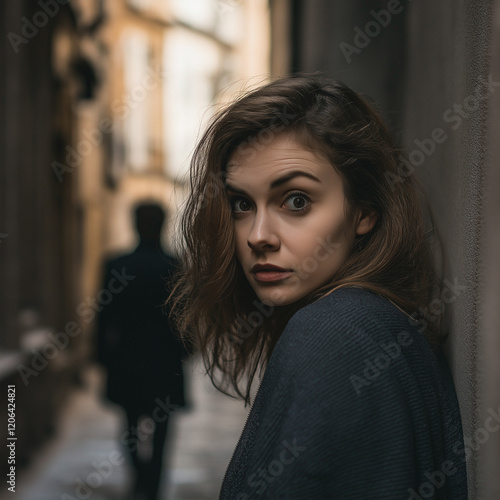 Fearful Glance: A Woman's Scared Expression, Looking Over Shoulder, Dramatic Pose, Suspense,         photo