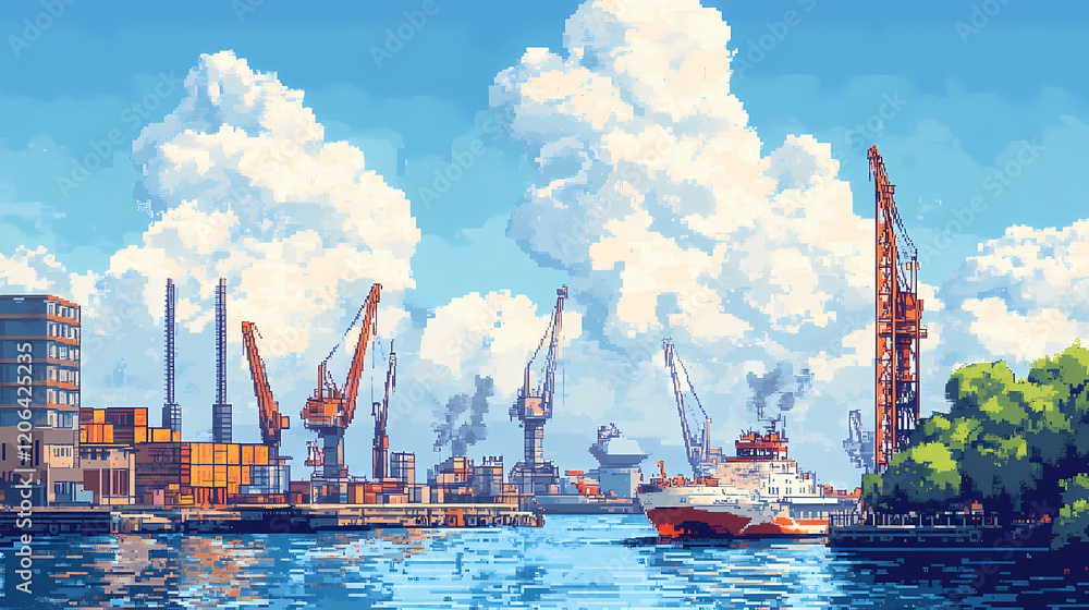 Pixelated illustration of a busy harbor with cranes, ships, and buildings. Cloud Harbor. Illustration Pixelated illustration of a busy harbor with cranes, ships, and buildings. Cloud Harbor. Illustration