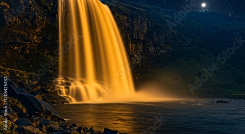 A cascading waterfall that appears to be made of liquid gold under the moonlight