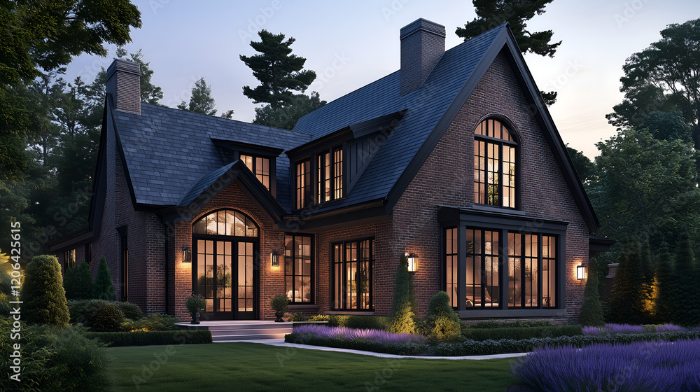 exterior of an elegant and classic brick house with a dark grey shingle roof, large windows, black trim on the front door and windows exterior of an elegant and classic brick house with a dark grey shingle roof, large windows, black trim on the front door and windows