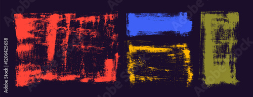 Colorful hand drawn grunge bold brush strokes, rectangles and squares. Vector paint geometric shapes for text. Rough abstract texture shapes. Rectangle frames with scribble and graffiti effect.