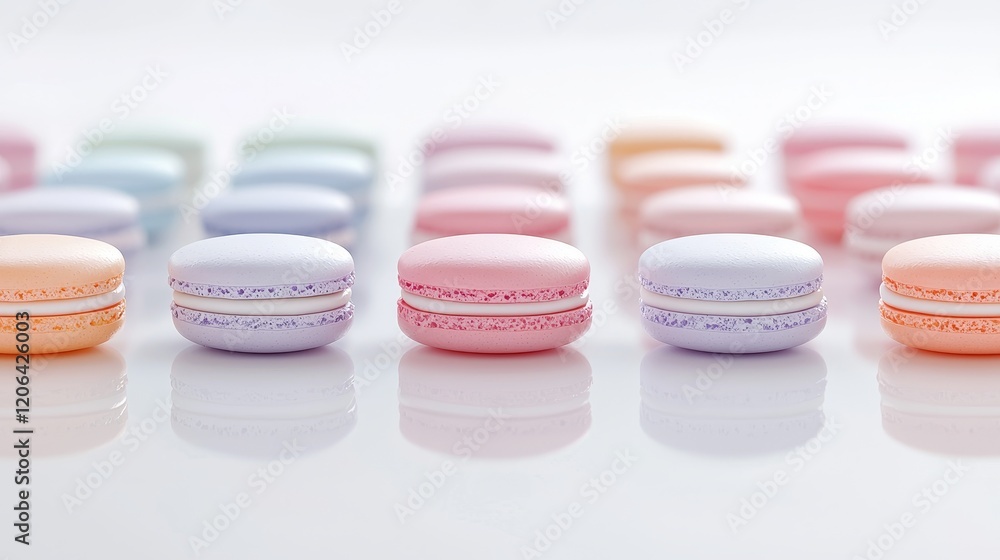 Artistic close-up of colorful macaroons neatly aligned on a clean white surface, highlighting their smooth shells and soft pastel hues Artistic close-up of colorful macaroons neatly aligned on a clean white surface, highlighting their smooth shells and soft pastel hues