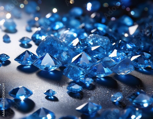 shimmering blue gemstones scattered across a sparkling surface under soft lighting photo