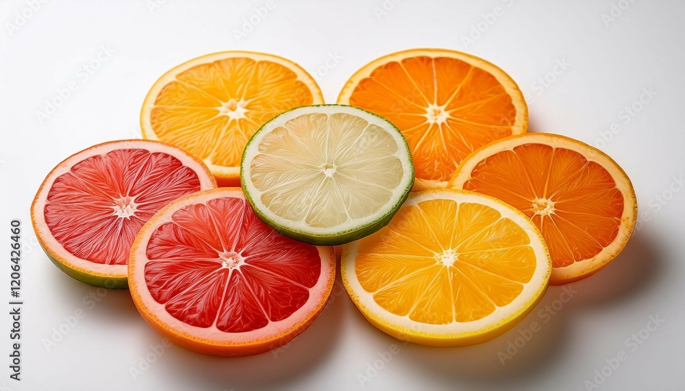 round citrus slices displayed on a white background showcasing vibrant colors and textures of the fruit
