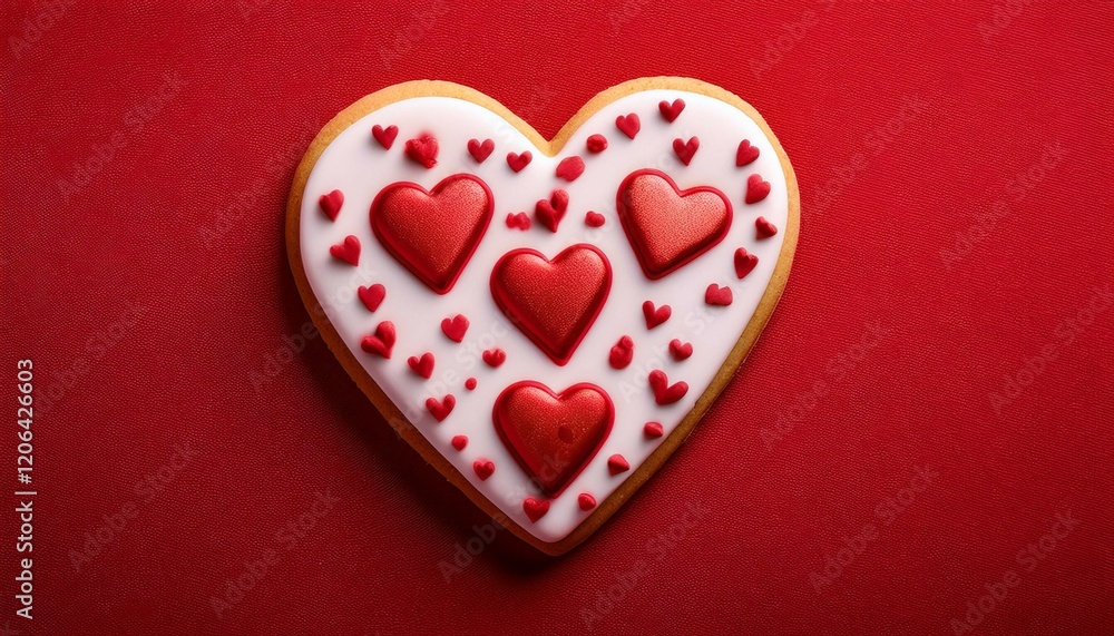 heart shaped cookie decorated with red hearts on a red background heart shaped cookie decorated with red hearts on a red background