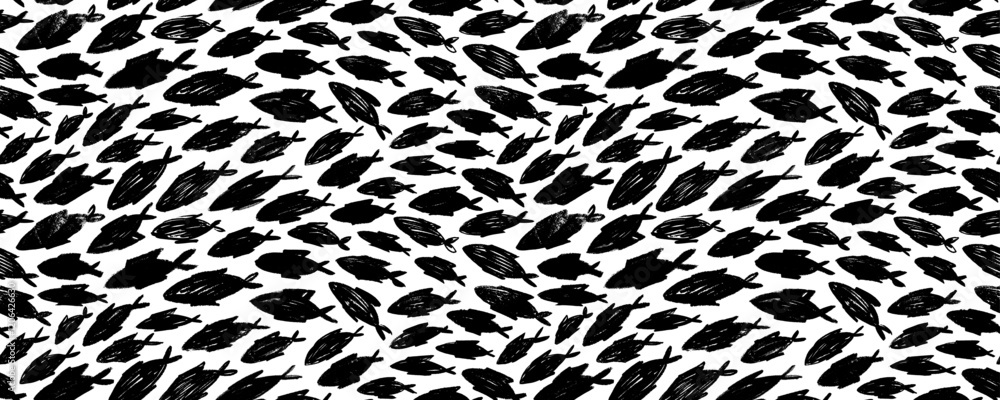 Crayon drawn school of fish seamless pattern. Hand drawn vector marine doodle background with various chaotic fish. Crayon drawn school of fish seamless pattern. Hand drawn vector marine doodle background with various chaotic fish.
