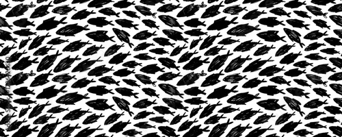 Crayon drawn school of fish seamless pattern. Hand drawn vector marine doodle background with various chaotic fish.