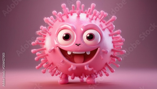 Cute pink cartoon virus with a smiling face and visible spike glycoproteins, resembling a playful personification of a COVID-SARS pathogen.
