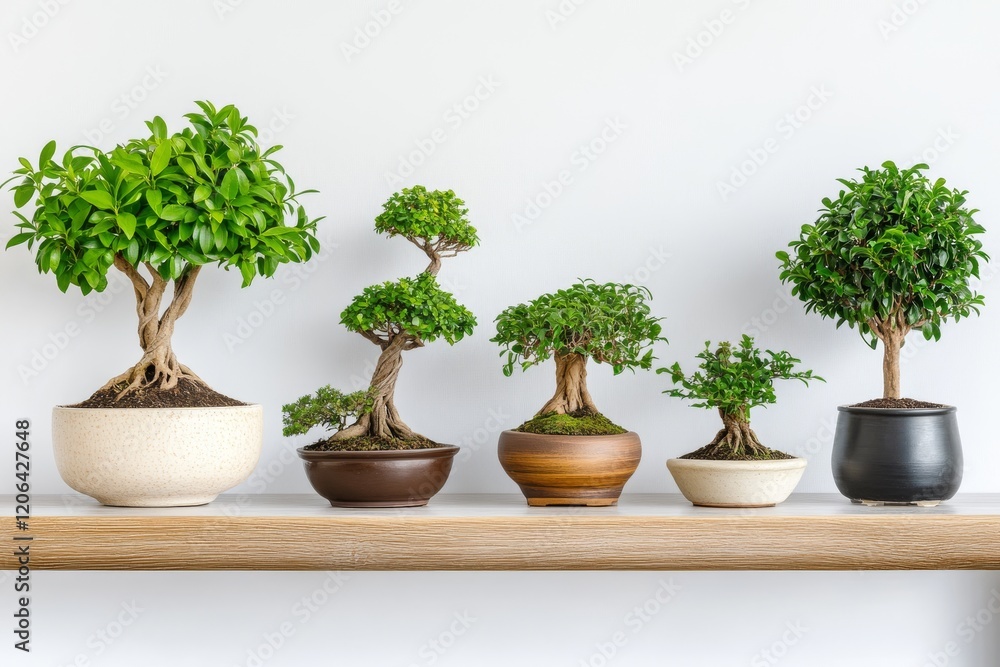 A vibrant display of bonsai trees in various shapes, showcasing their intricate beauty on a wooden shelf against a minimalist background.