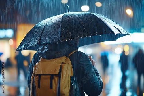 Rainy night city street, person with umbrella, backpack, blurred background, travel