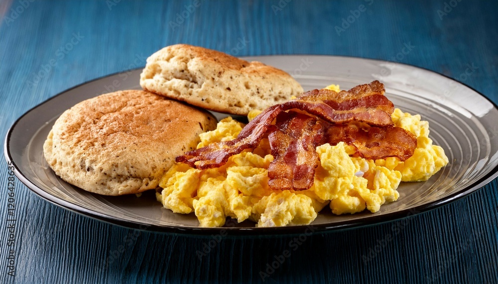 scrambled eggs with bacon and biscuits on a breakfast plate scrambled eggs with bacon and biscuits on a breakfast plate