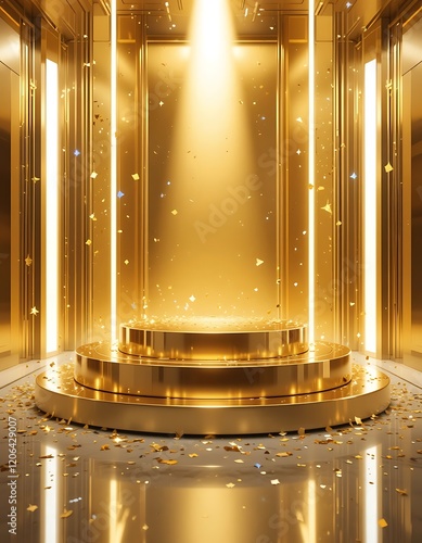 Golden tiered podium with confetti in elegant room